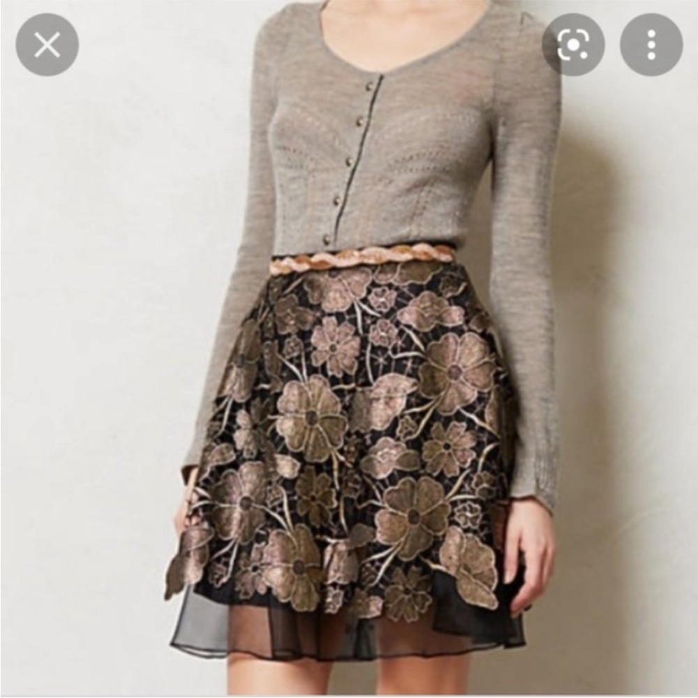 Anthropologie Eva Franco Gilt Black Gold Embroidered Floral Skirt - Size 2